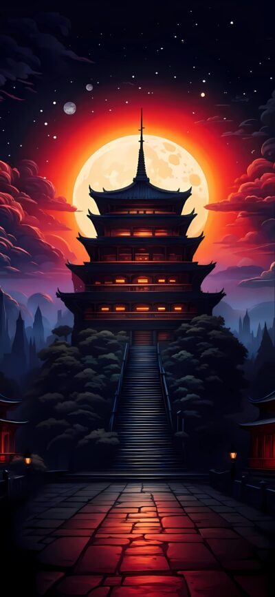 Japanese pagoda silhouetted against a dramatic full moon with fiery red and orange glow, trees, and staircase | 4K Wallpaper for Mobile