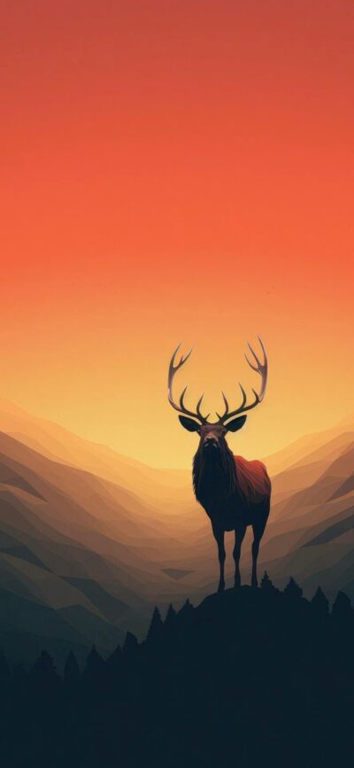 Majestic stag on silhouetted hill with sunset, mountains, and vibrant orange sky | 4K Wallpaper, for Mobile | Orange, Black, Brown