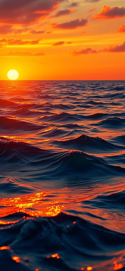 Ocean sunset with vibrant orange and blue colors reflecting on waves | 4K Wallpaper for Mobile