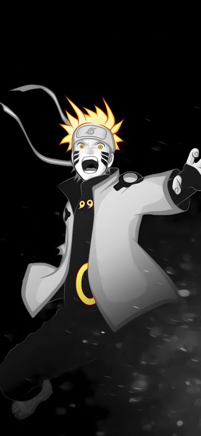 Naruto from the anime series in a vibrant orange outfit against a black and grey background | 4K Wallpaper for Mobile