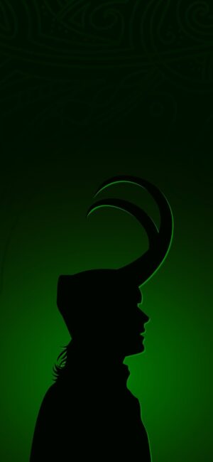 Silhouette of horned helmet character with mystical patterns, green and black theme | 4K Wallpaper, for Mobile