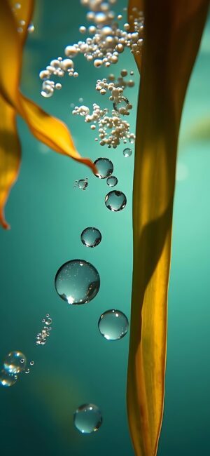 Underwater scene with bubbles and seaweed on a teal background, capturing serenity and intricate details of nature | 4K Wallpaper for Mobile