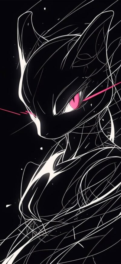 An abstract Mewtwo with bright pink eyes against a dark background | 4K Wallpaper for Mobile | Black, Pink, Abstract, Pokémon.