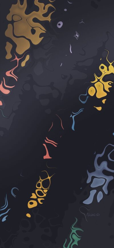 Abstract fluid shapes with vibrant yellow, red, blue on dark background | 4K Wallpaper for Mobile