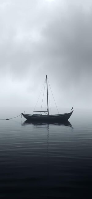 Solitary sailboat on misty waters evokes tranquility and solitude. Gray, black, and white tones. | 4K Wallpaper for Mobile