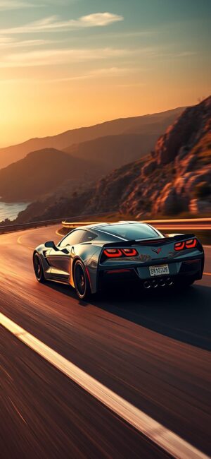 Sports car on coastal road at sunset with mountain backdrop | 4K Wallpaper, for Mobile | Orange, blue, and green tones.