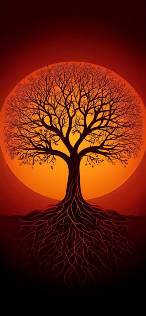 Silhouette tree against a glowing orange sun with intricate branches and roots. Tranquil balance symbol in nature | 4K Wallpaper for Mobile