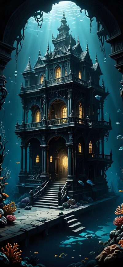 Fantastical underwater gothic castle with illuminated windows and marine life in mystical light | Blue, Black, Orange | 4K Wallpaper for Mobile