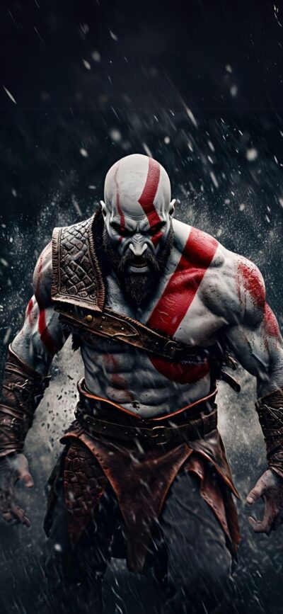 Dynamic Kratos in fierce pose, dark setting emphasizing red tattoos | Black, Grey, Red | 4K Wallpaper for Mobile