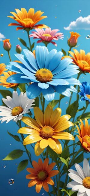 Colorful bouquet of blue, yellow, white, and orange daisies with dewdrops against a blue sky for mobile | 4K Wallpaper