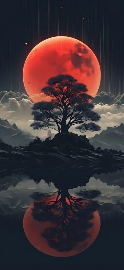 Red Moon over Island 4K Wallpaper for Mobile | Silhouetted tree, tranquil water reflection, mystical ambiance. Black, Red, Gray hues.