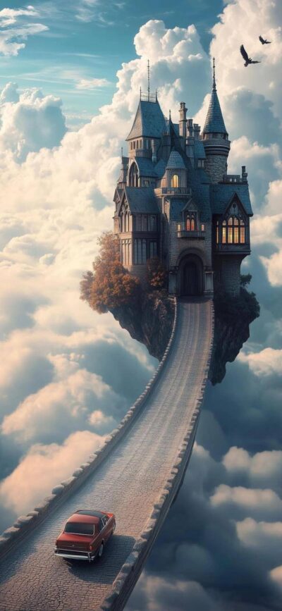 Whimsical fantasy scene with a castle on a floating island, a vintage car, and birds in a dreamy atmosphere | 4K Wallpaper for Mobile