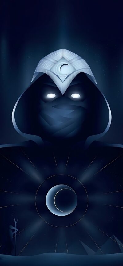 Mysterious hooded figure with glowing eyes and crescent moon symbol against a dark, mystical backdrop | 4K Wallpaper for Mobile