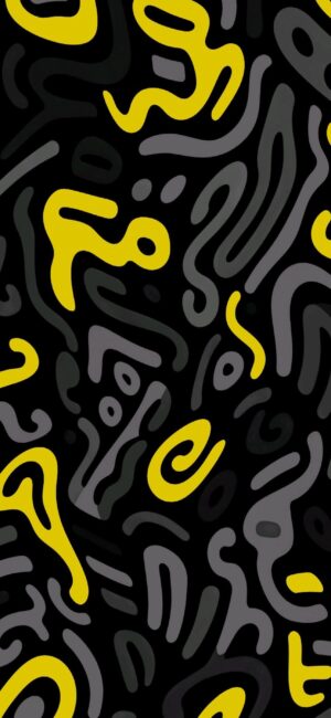 Abstract pattern with bold, wavy yellow and gray lines on black background | 4K Wallpaper for Mobile