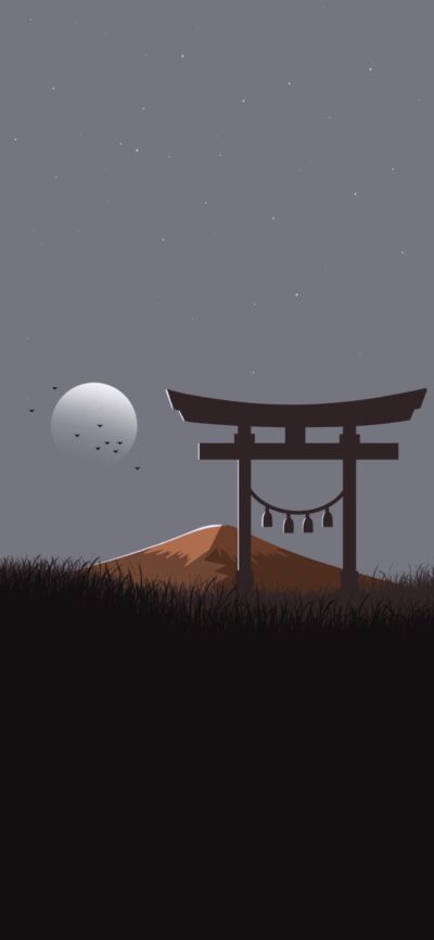 A serene night scene with a silhouetted torii gate, mountains, full moon, and birds. | 4K Wallpaper for Mobile | Gray, black, brown tones