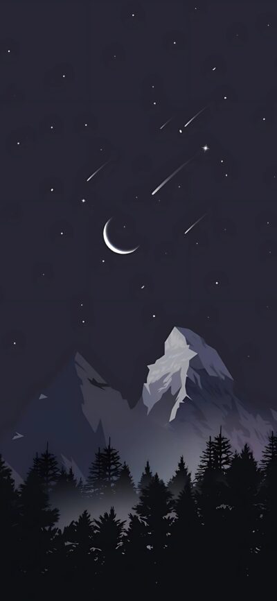 Serene night sky with shooting stars, crescent moon, silhouetted trees, and snow-capped mountains | 4K Wallpaper for Mobile