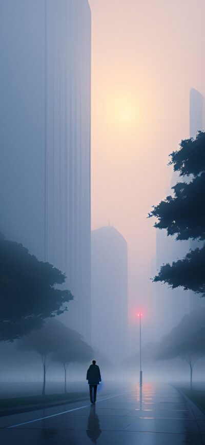 Serene cityscape in soft mist, skyscrapers, quiet street with lone figure; calm, atmospheric morning | 4K Wallpaper for Mobile