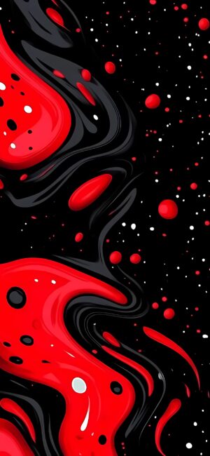 Abstract red and black swirling pattern with white spots, vibrant and dynamic design | 4K Wallpaper for Mobile