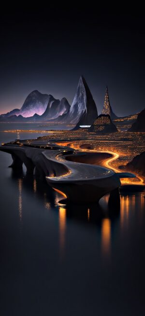 Futuristic landscape with gold-lit road, unique mountains, serene water; black, gold, purple theme | 4K Wallpaper for Mobile