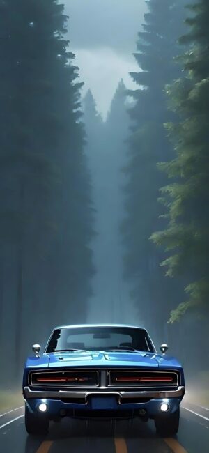 Classic blue car on a road amid tall pine trees, misty and tranquil forest setting | Blue, green, gray tones | 4K Wallpaper for Mobile