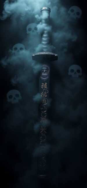 Mysterious sword amid swirling mist and skulls, evoking a dark, fantasy vibe. Black, gray, blue tones. | 4K Wallpaper for Mobile