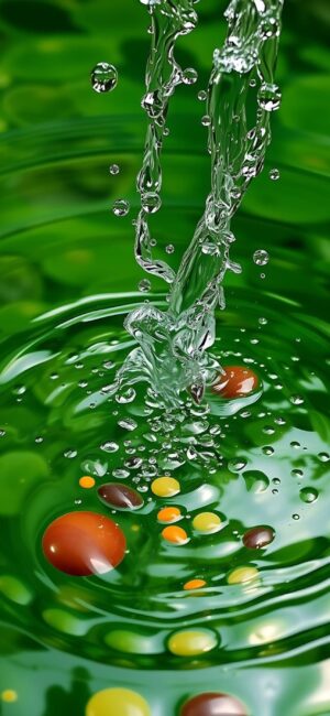 Dynamic water droplets splashing into green liquid with colorful spheres, creating a vibrant pattern | 4K Wallpaper for Mobile