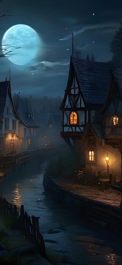 Serene nocturnal village scene with illuminated cottages & full moon over canal. Tranquil atmosphere in blue, black & white. | 4K Wallpaper for Mobile