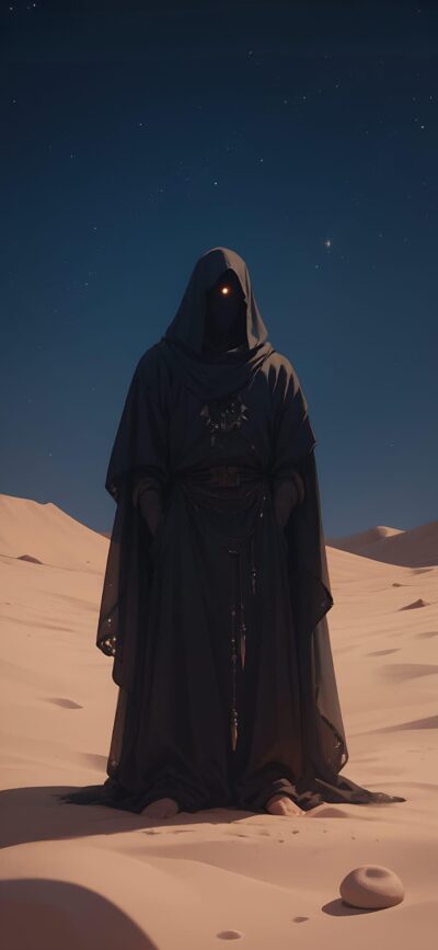 Mysterious hooded figure in a tranquil desert under a starry night sky, evoking fantasy and mystique. | 4K Wallpaper for Mobile