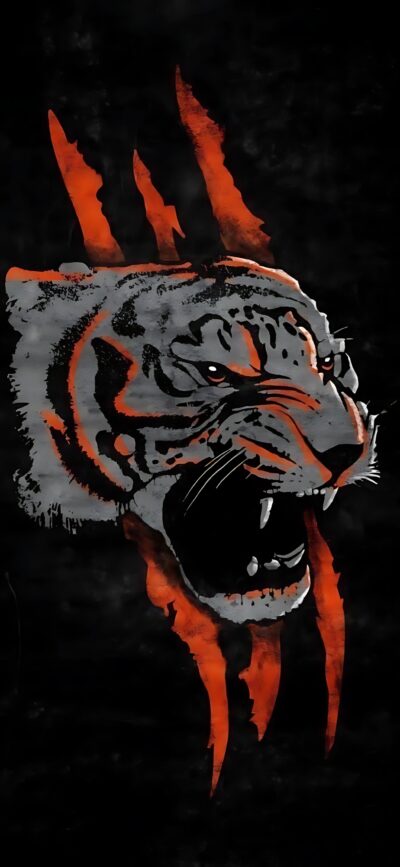 Roaring tiger illustration with bold orange and dark accents on black background | 4K Wallpaper for Mobile