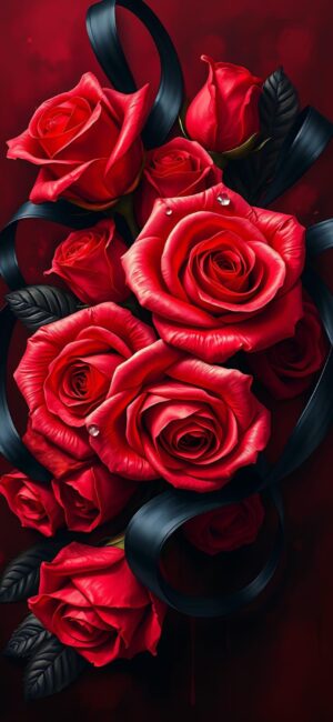 Vivid red roses with velvety petals and black satin ribbons on dark green leaves, creating a luxurious contrast | 4K Wallpaper for Mobile