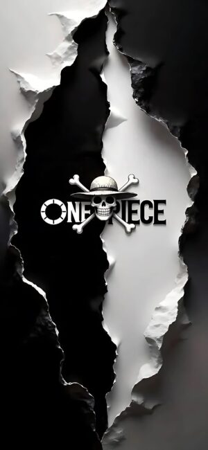 One Piece logo with skull and crossbones, black & white torn paper effect | 4K Wallpaper for Mobile