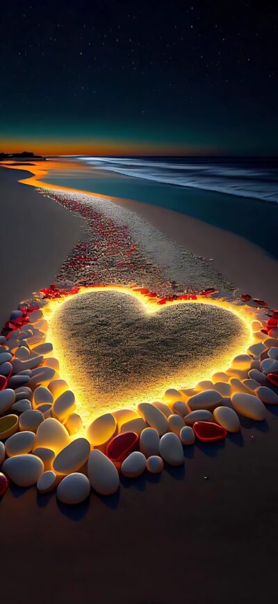 Sand heart bordered by colorful pebbles under starry night sky; serene, romantic beach scene | 4K Wallpaper, for Mobile