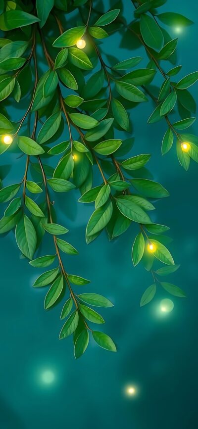 Green leaves glow with firefly lights against an evening sky, evoking tranquility and beauty | 4K Wallpaper, for Mobile