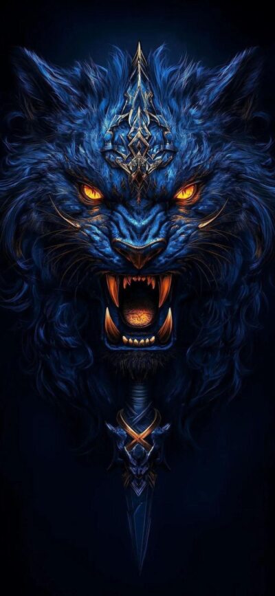 Fierce blue wolf with orange eyes, intricate mystical designs | Blue & Orange | Fantasy & Mythical Creature | 4K Wallpaper for Mobile