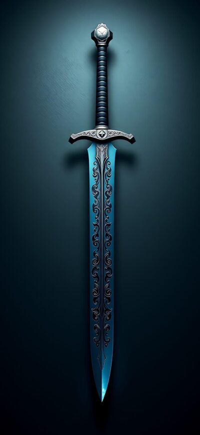 Ornate sword with intricate patterns on the blade in vertical position against a dark background | 4K Wallpaper for Mobile