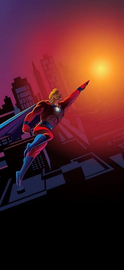 Superhero flying over cityscape at sunset; silhouetted buildings with orange, red, purple sky | 4K Wallpaper for Mobile