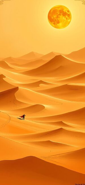 Surreal desert landscape with sand dunes and solitary figure under a bright sun in warm hues. | 4K Wallpaper for Mobile