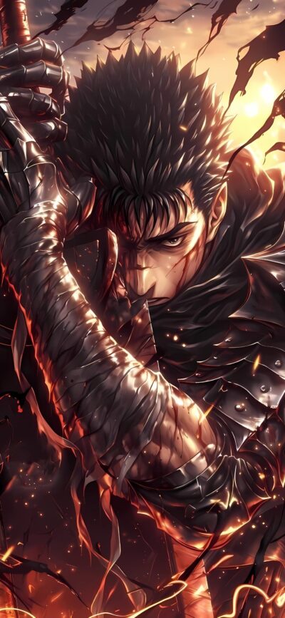 Guts from Berserk in intense battle - black, orange, red hues. | 4K Wallpaper for Mobile.