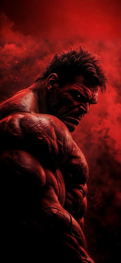 Hulk-like character exuding strength amid red/black smoky background. | 4K Wallpaper for Mobile