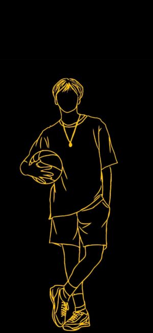 Minimalistic yellow line art of a person with a basketball on a black backdrop. Perfect for mobile | 4K Wallpaper.