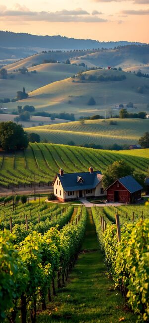 Vineyard landscape with green vines, a farmhouse, and rolling hills under a blue sky | 4K Wallpaper for Mobile