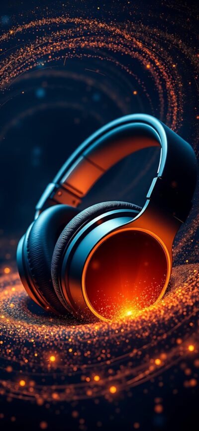 Immerse in sound with sleek headphones, glowing orange center, swirling particles. Vibrant audio-themed design | 4K Wallpaper for Mobile