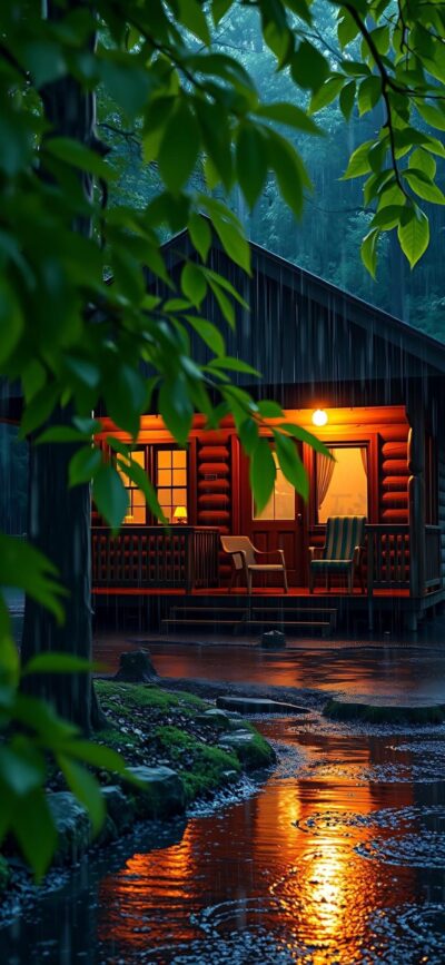 Log cabin in a serene, rain-soaked forest with glowing windows reflecting on wet ground. Lush greens enhance tranquility. | 4K Wallpaper for Mobile