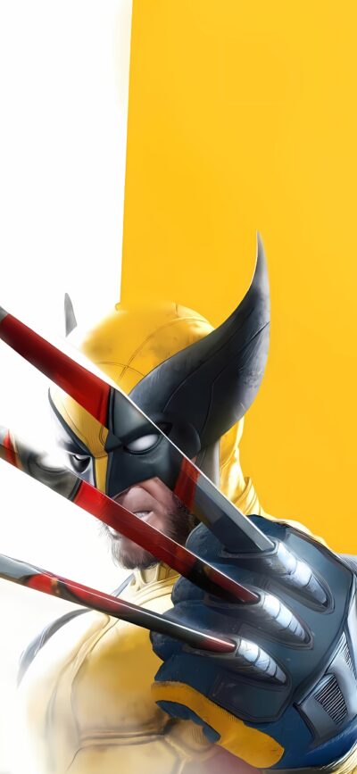 Wolverine from Marvel in costume with adamantium claws, fierce expression | Yellow, Black, Red | 4K Wallpaper for Mobile