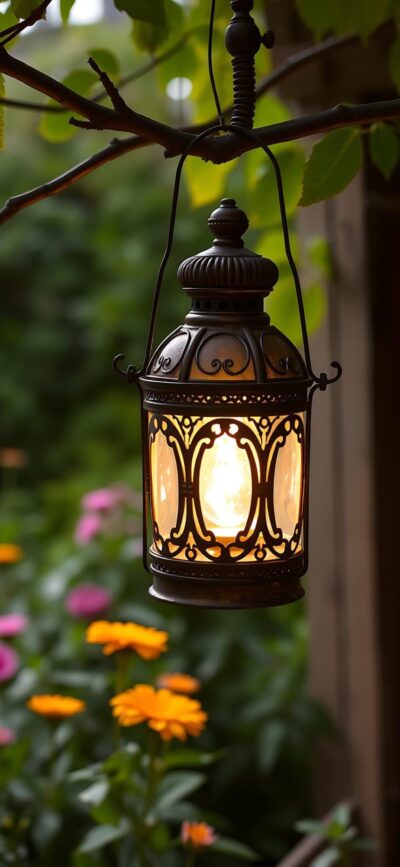 Hanging lantern with intricate metalwork glowing in a garden, vibrant flowers, and lush greenery | 4K Wallpaper, for Mobile