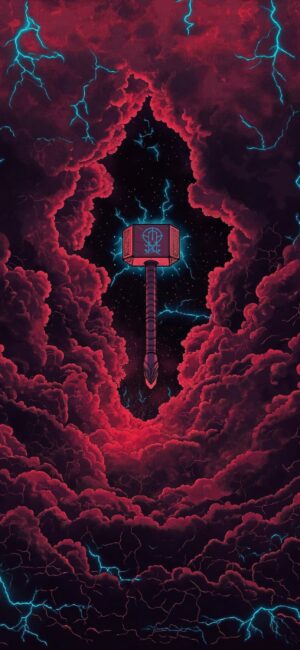 Thor's Hammer Mjolnir with Red Clouds & Blue Lightning | Dynamic Marvel Scene | 4K Wallpaper for Mobile