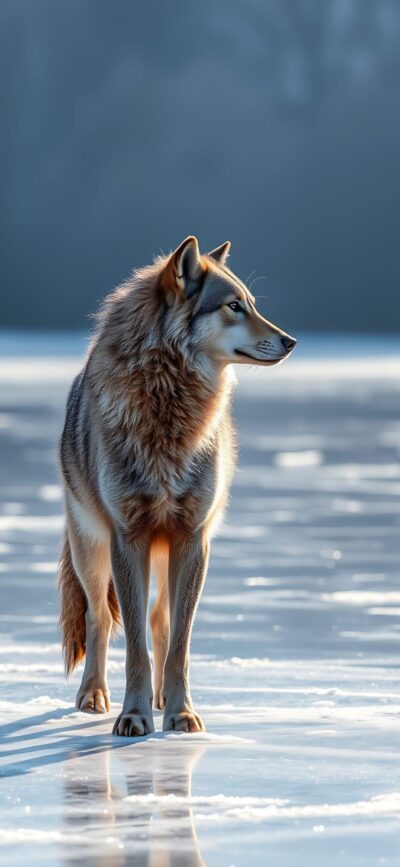 Majestic wolf on frozen surface with serene winter backdrop; gentle lighting enhances fur. | Gray, Blue, White | 4K Wallpaper for Mobile