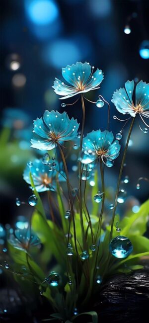 Delicate blue flowers with dew on a blurred dark background, luminous petals create a dream-like atmosphere | 4K Wallpaper for Mobile