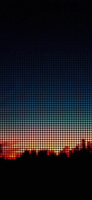 Pixelated vibrant sunset with gradient blue, pink, orange, black; silhouettes of mountains and trees | 4K Wallpaper for Mobile