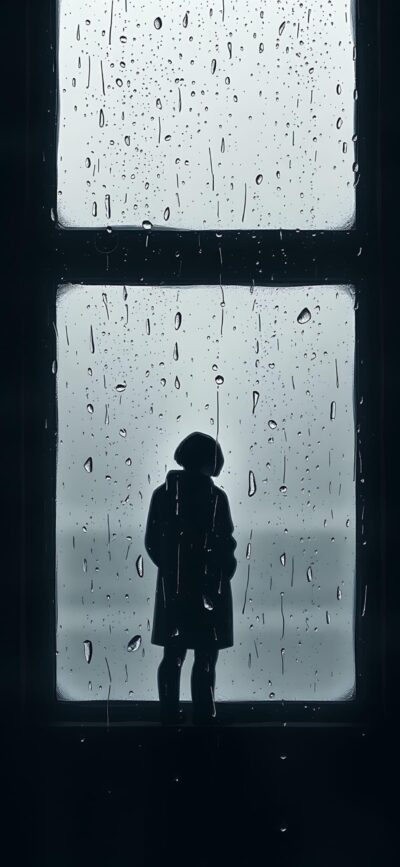 Silhouette by window on rainy day, raindrops on glass, melancholic vibe | 4K Wallpaper for Mobile | Black, Gray, Blue